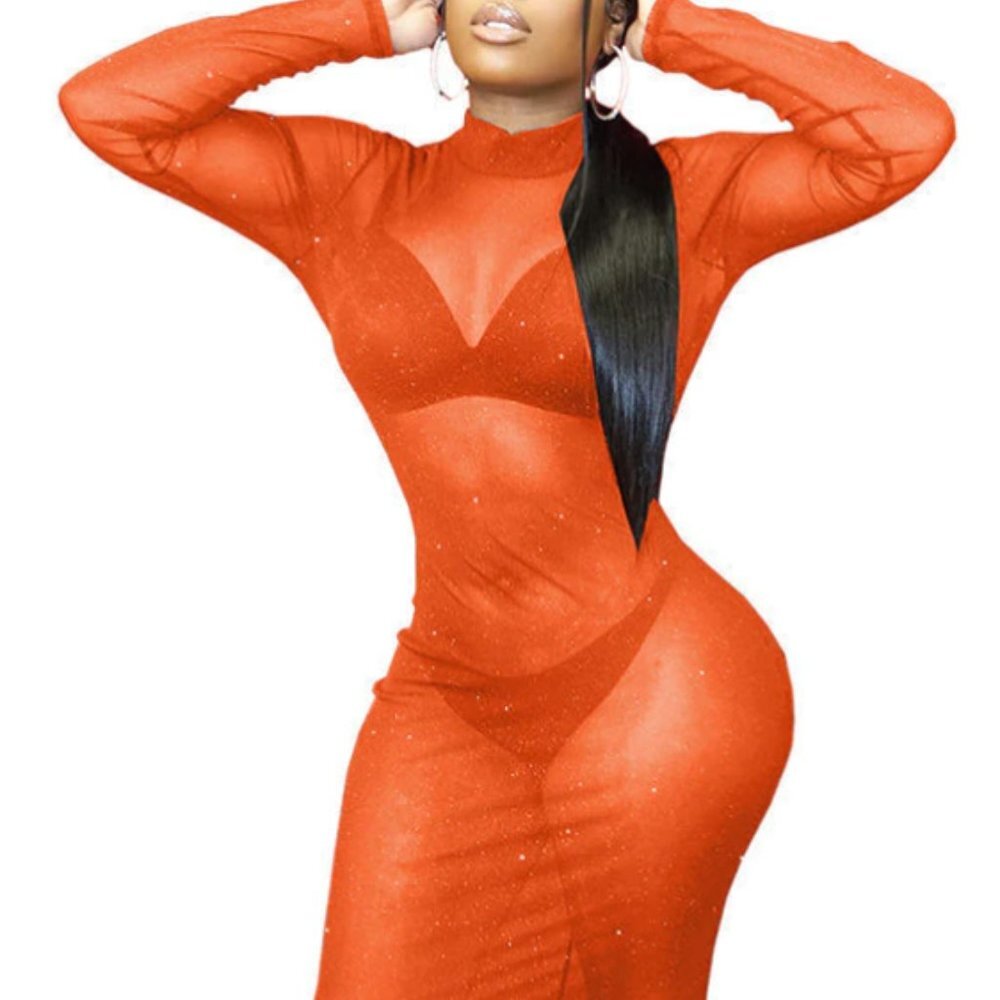 Orange - Sheer long sleeve dress